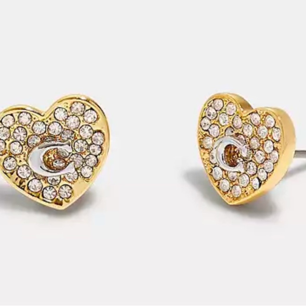 Coach Pegged Heart Stud Earrings Two-Tone Pave Rhinestone Signature C NWT